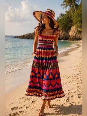Farm Rio by Anthropologie
Smocked Midi Dress Colorful
Hearts Boho Tie Strap Sz S